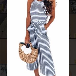 Striped Sleeveless Wide Leg Jumpsuit with Pockets